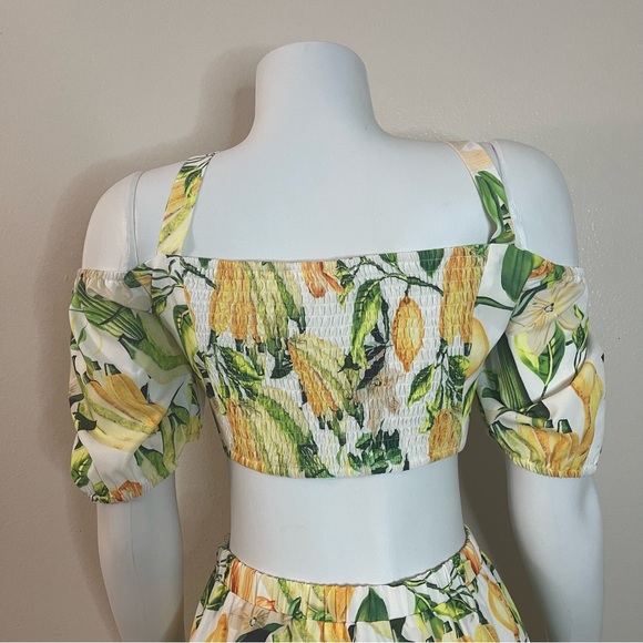 Yellow green cold shoulder smocked top high waisted wide leg pants set - Picture 8 of 12